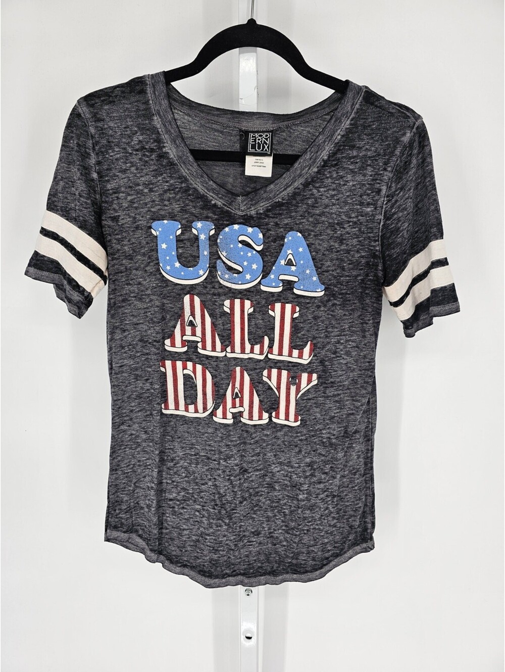 Modern Lux Women's Gray Short Sleeve USA ALL DAY Printed Cotton Tee Top Size S